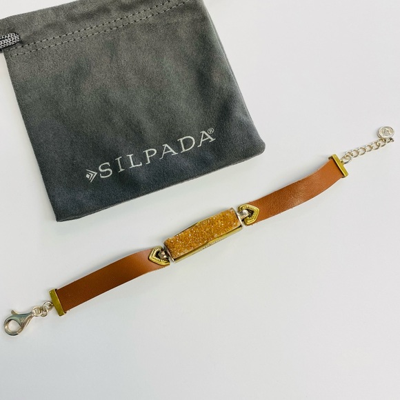 SILPADA Sterling Silver Brass DRUZY BLUSH Brown Leather Bracelet B3387